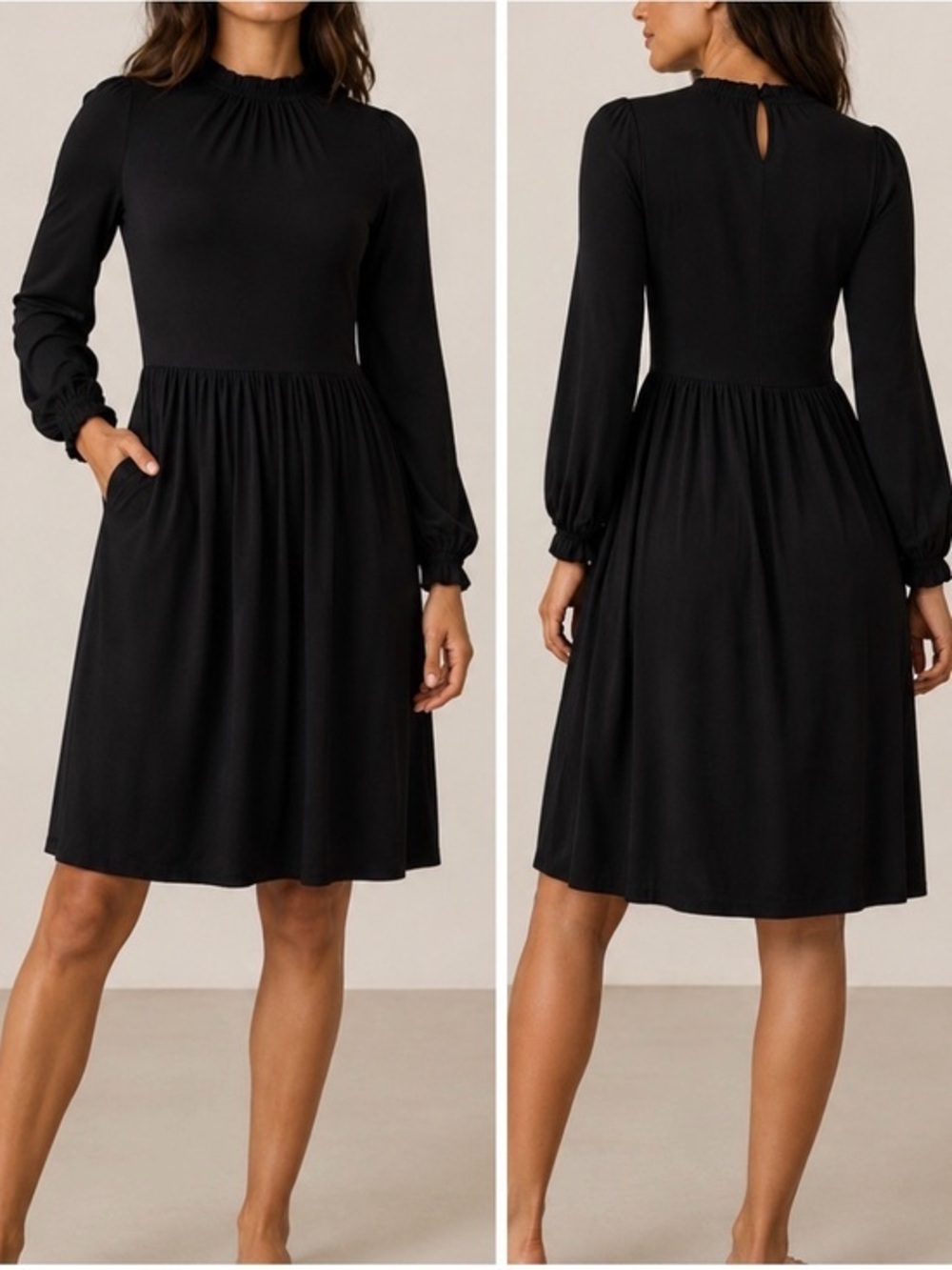 Boden Clara Black Jersey Ruffle Sleeve Pocket Casual Minimalist Feminine Dress